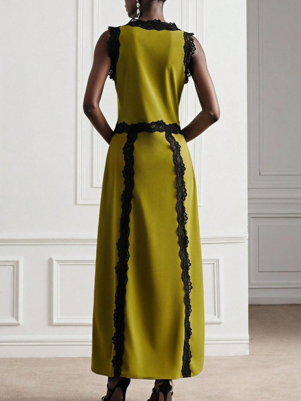 Mustard Yellow Elegant Women's Contrast Lace A-Line Maxi Dress - Picture 2 of 6